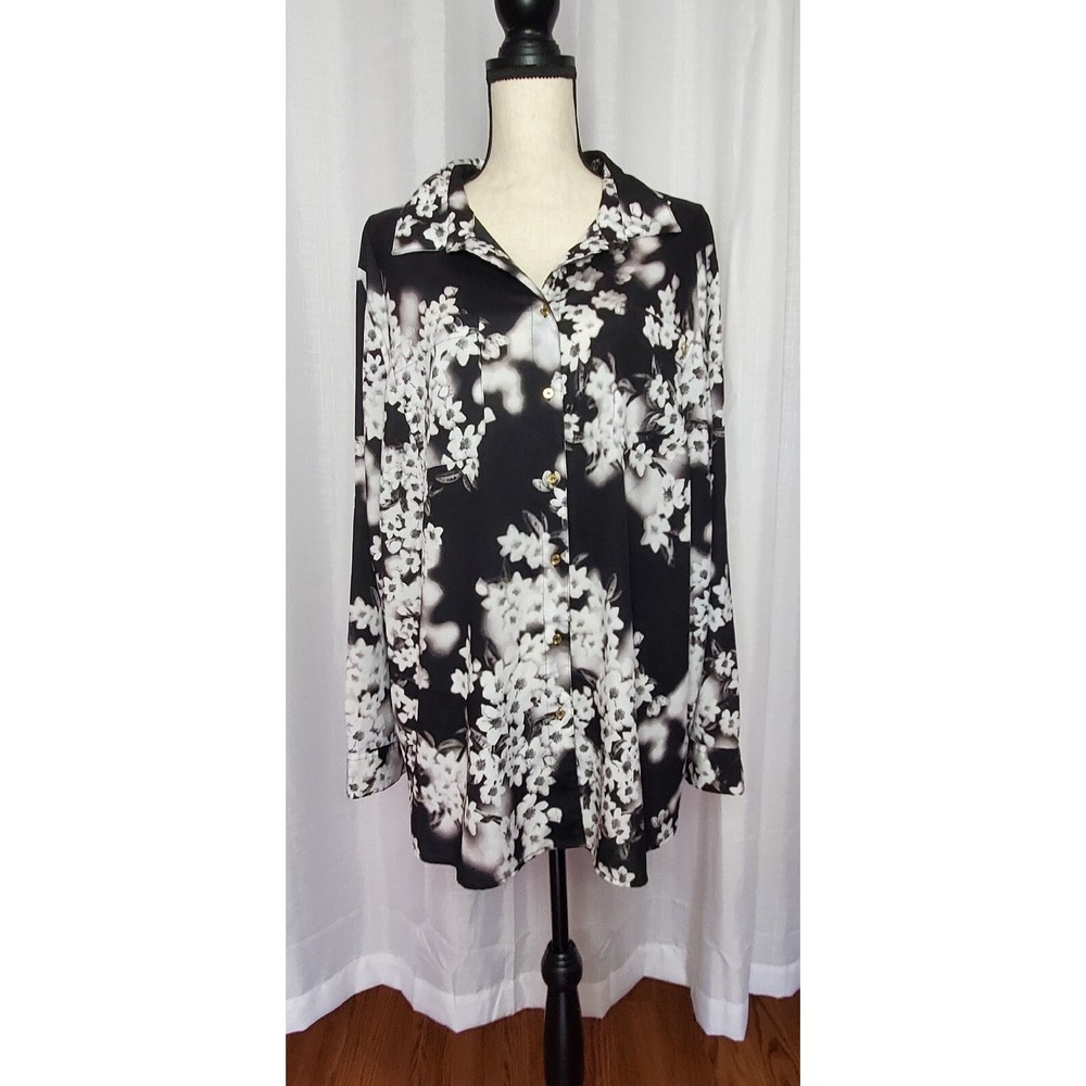 Calvin Klein Floral Blouse Black White Long Sleeve Top Any Season Work Casual A4